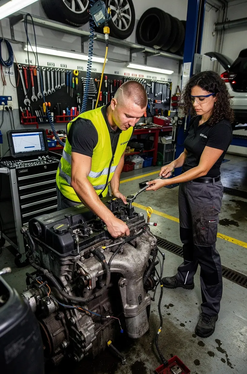 Mechanik kontroluje brzdy nákladného vozidla na diagnostickej linke s presným meracím prístrojom.